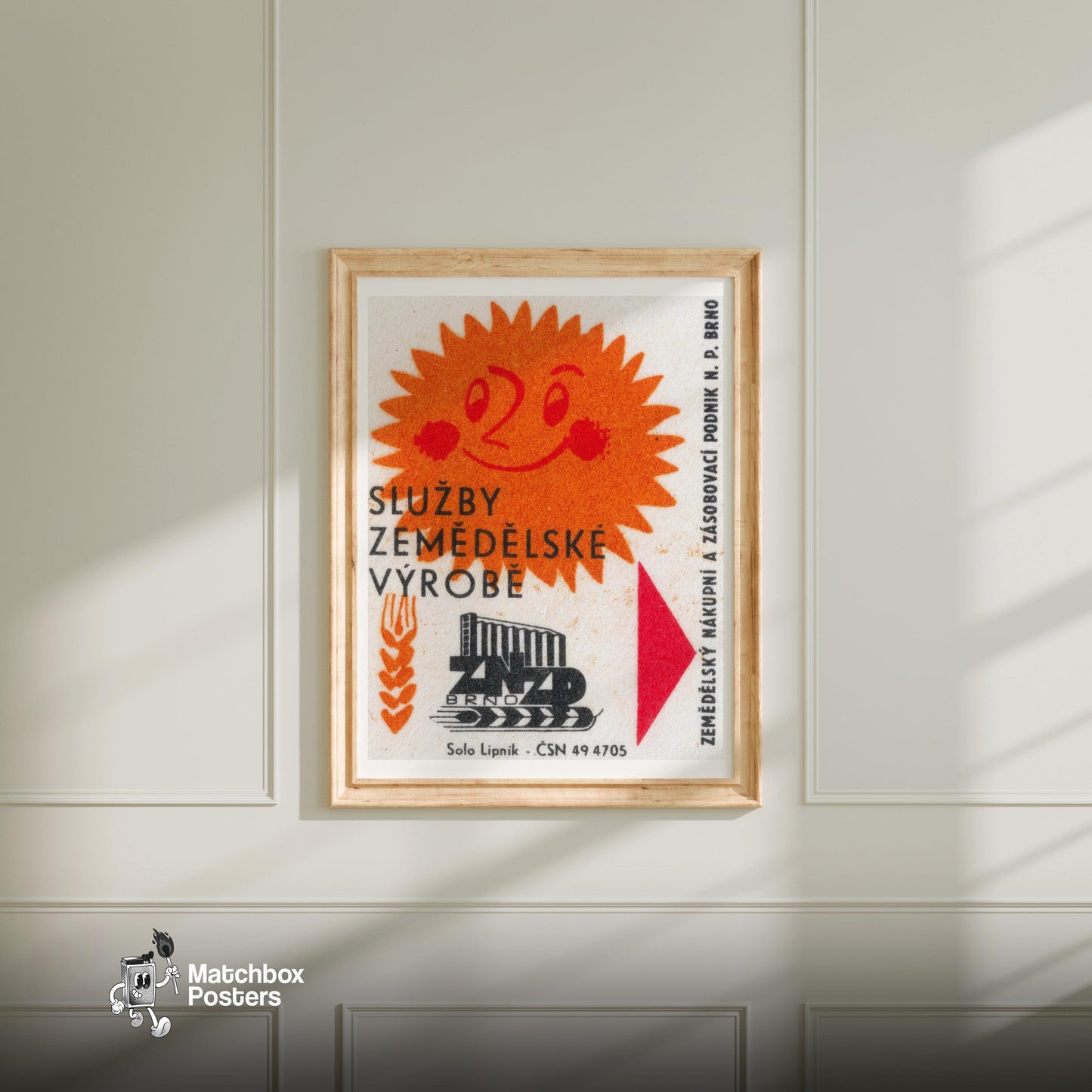 Smiling Sun - vintage matchbox label print - bedroom mockup