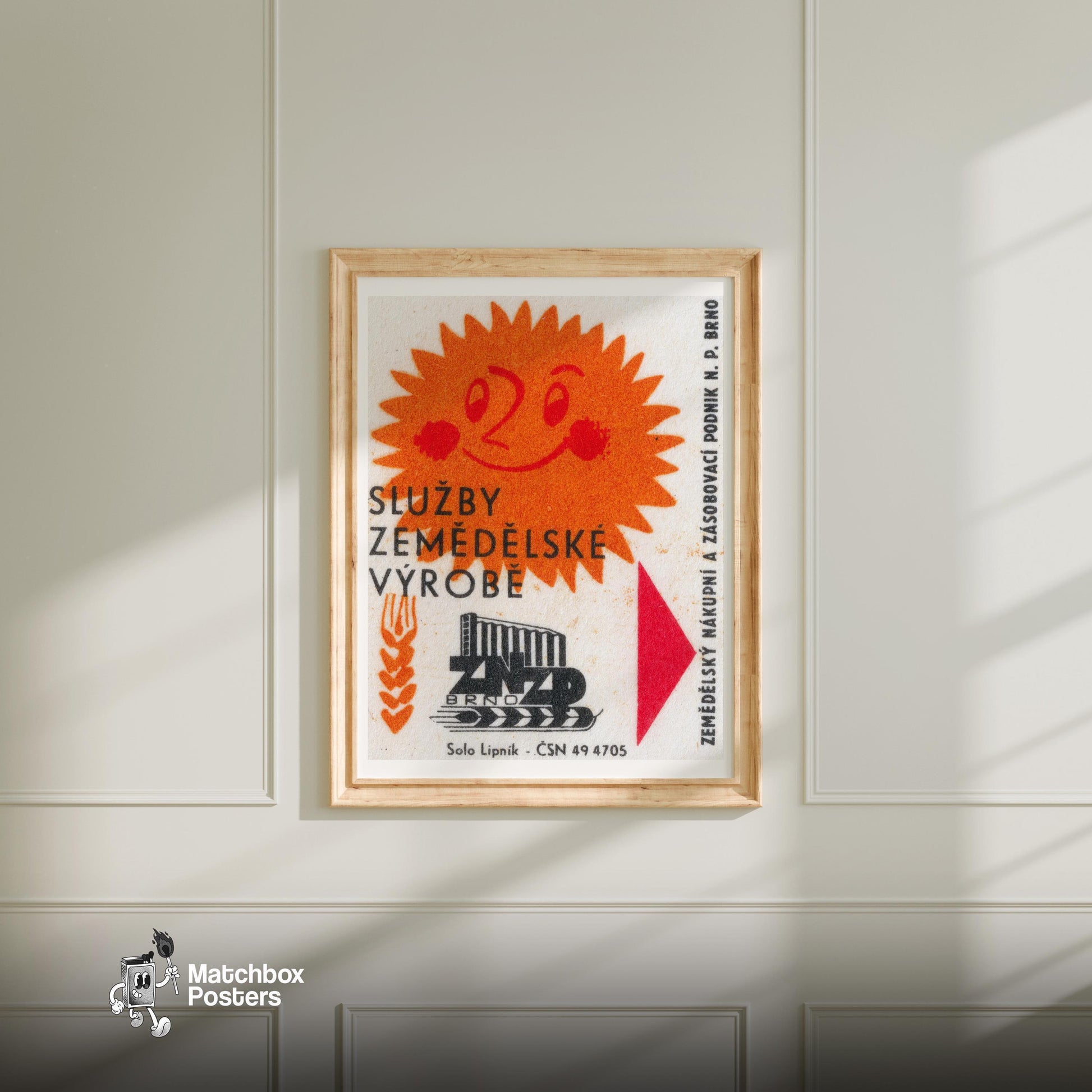 Smiling Sun - vintage matchbox label print - bedroom mockup