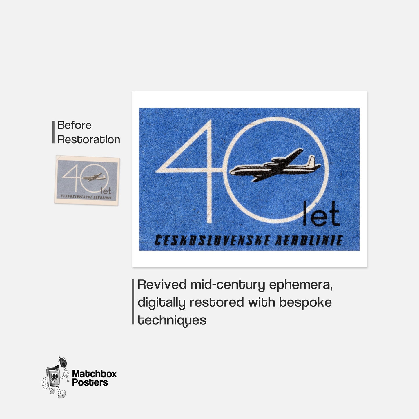 Czechoslovak Airlines 40th Anniversary Matchbox - vintage matchbox label print - framed wall art preview