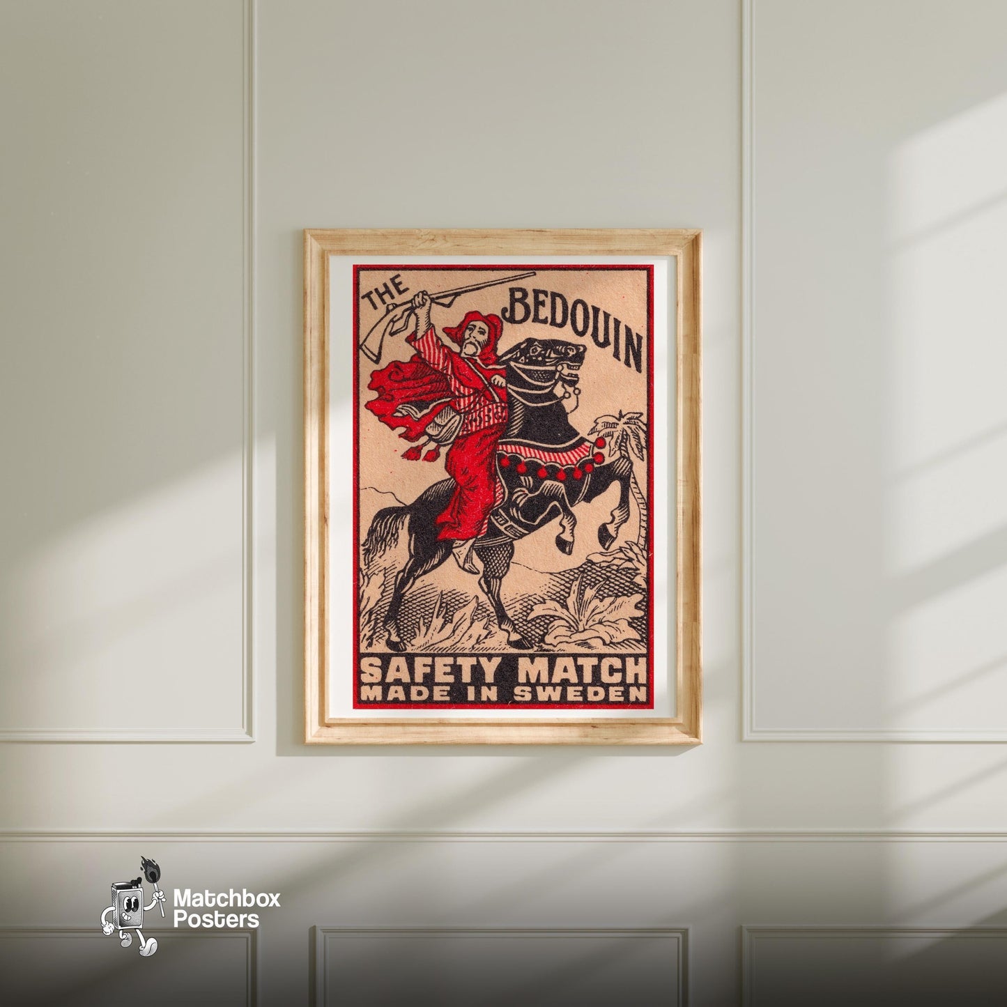 Bedouin Rider - vintage matchbox label print - bedroom mockup