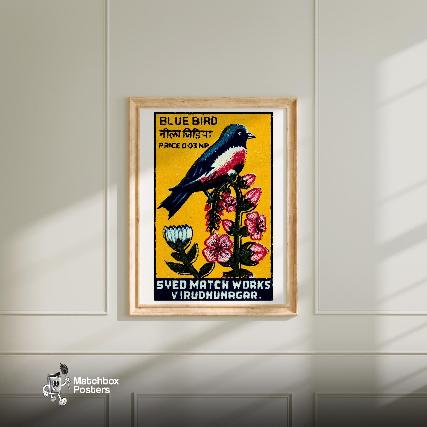 Blue Bird - vintage matchbox label print - bedroom mockup
