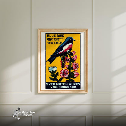 Blue Bird - vintage matchbox label print - bedroom mockup