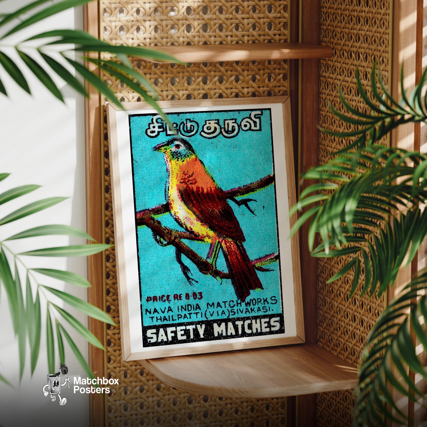 Indian Bird - vintage matchbox label print - office wall