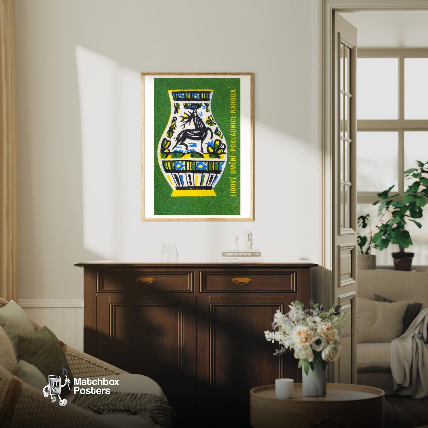 Deer Folk Art - vintage matchbox label print - living room mockup