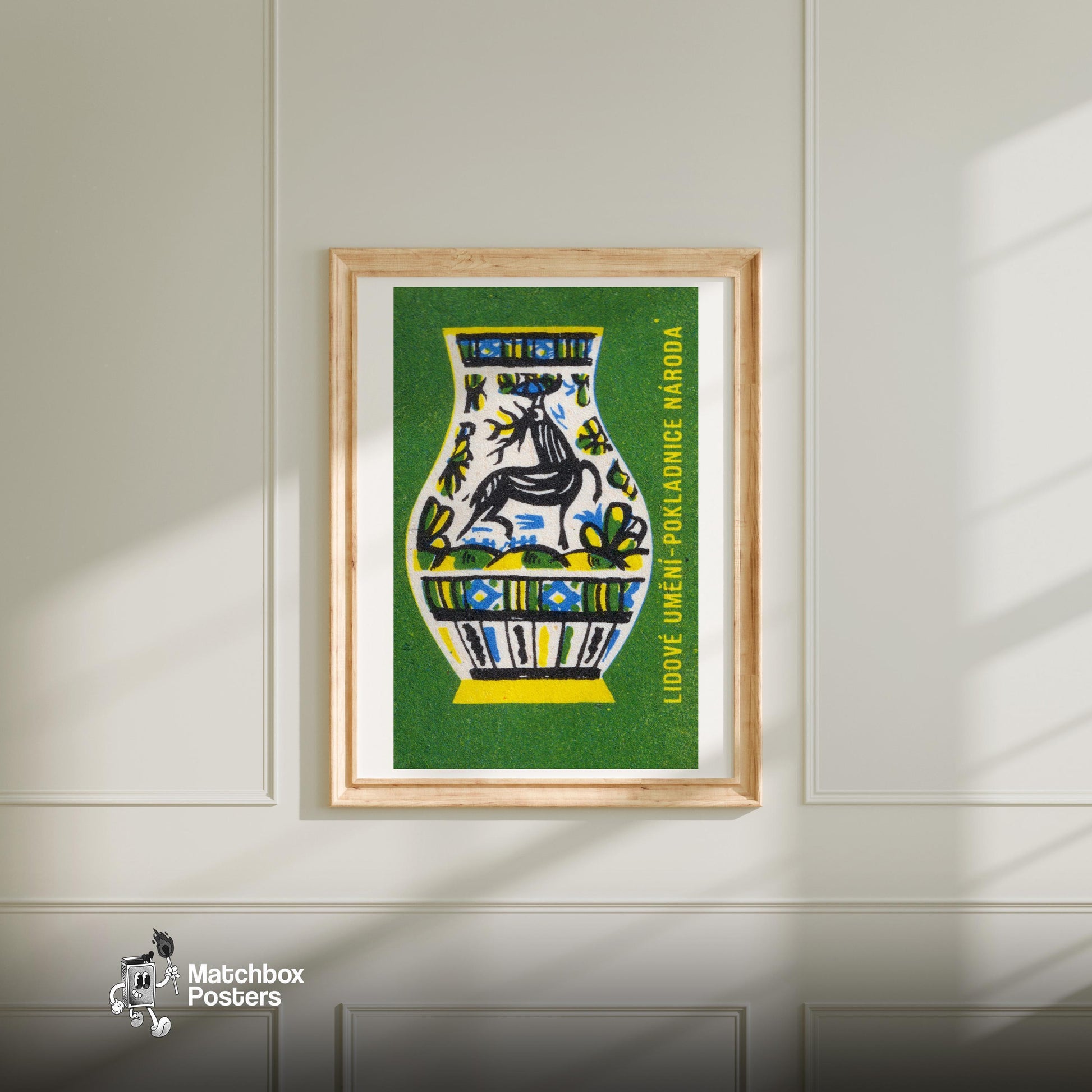 Deer Folk Art - vintage matchbox label print - bedroom mockup