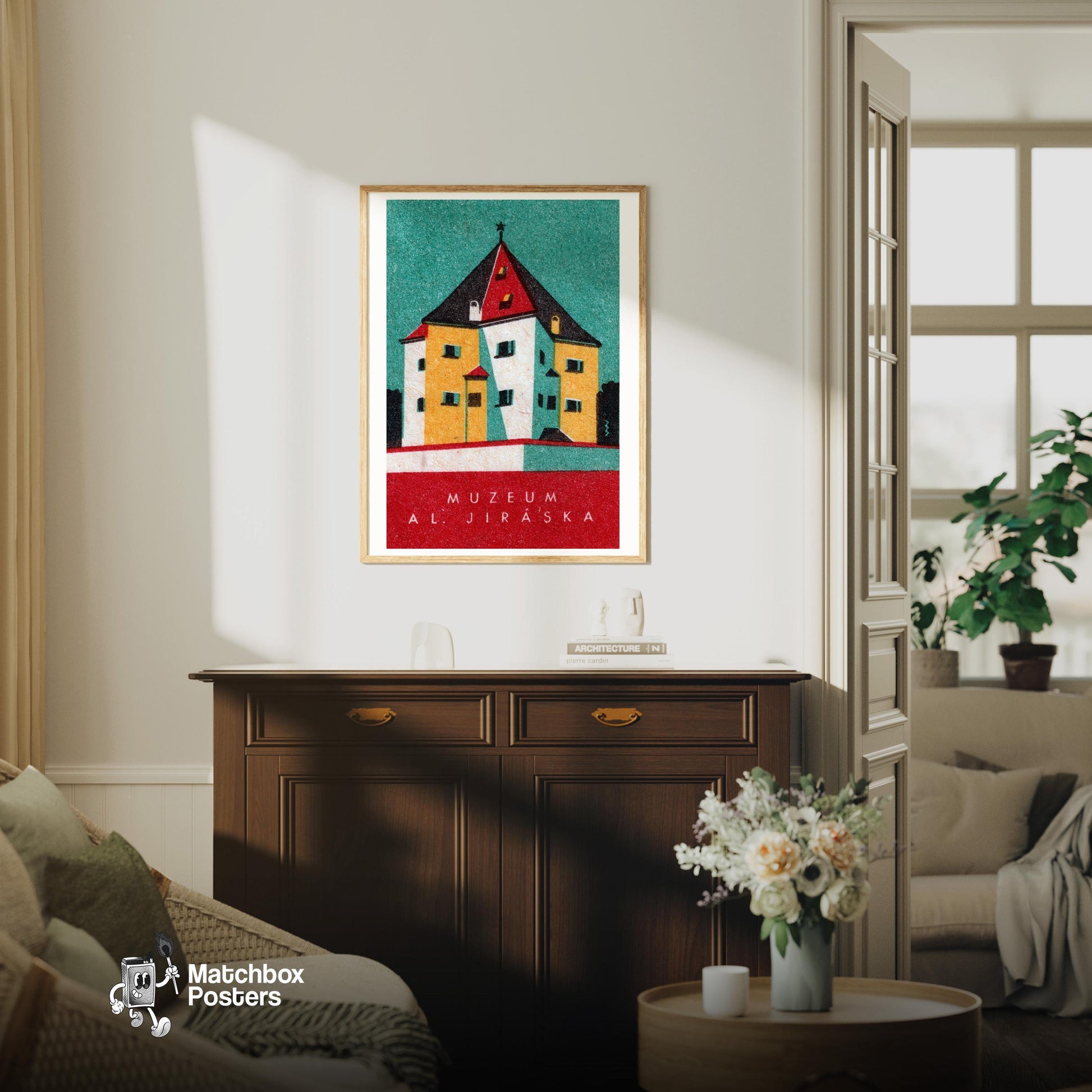 Museum Building - vintage matchbox label print - living room mockup