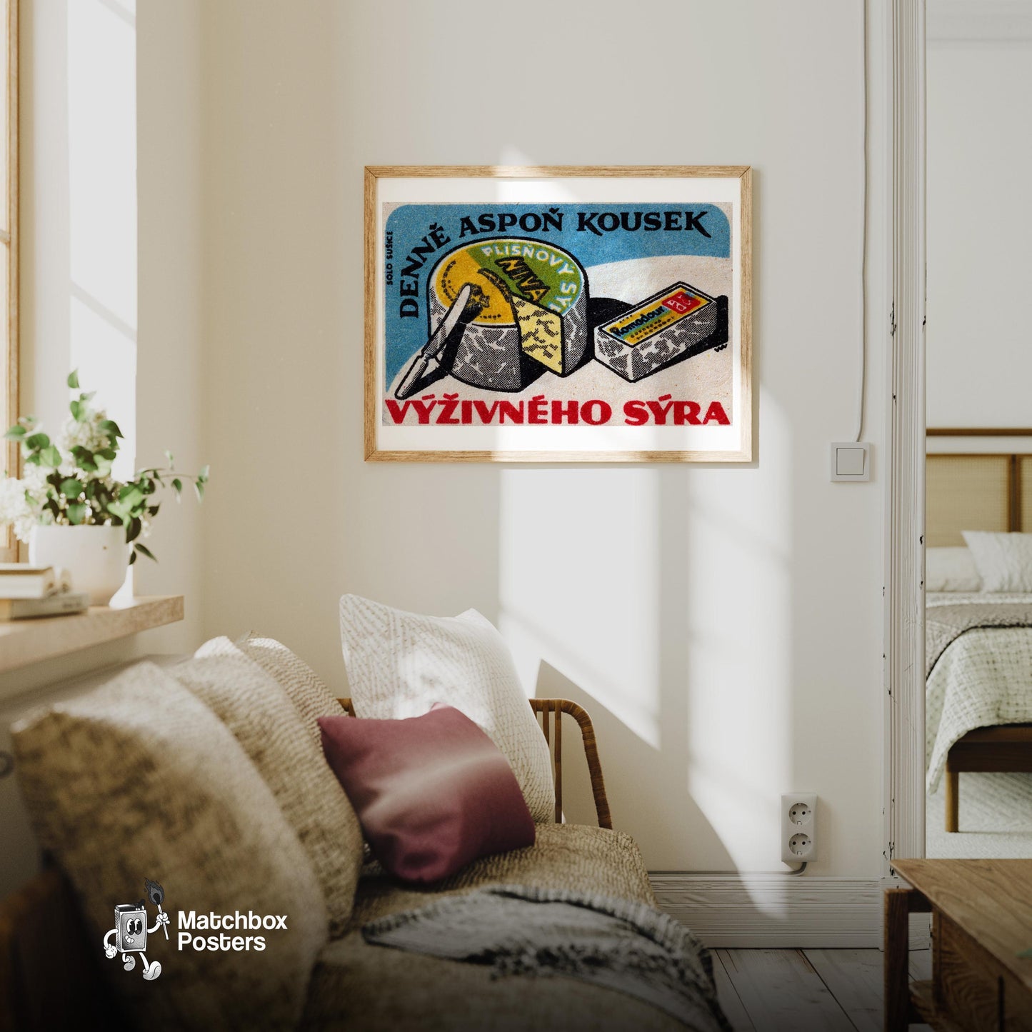 Cheese with Knife - vintage matchbox label print - living room mockup