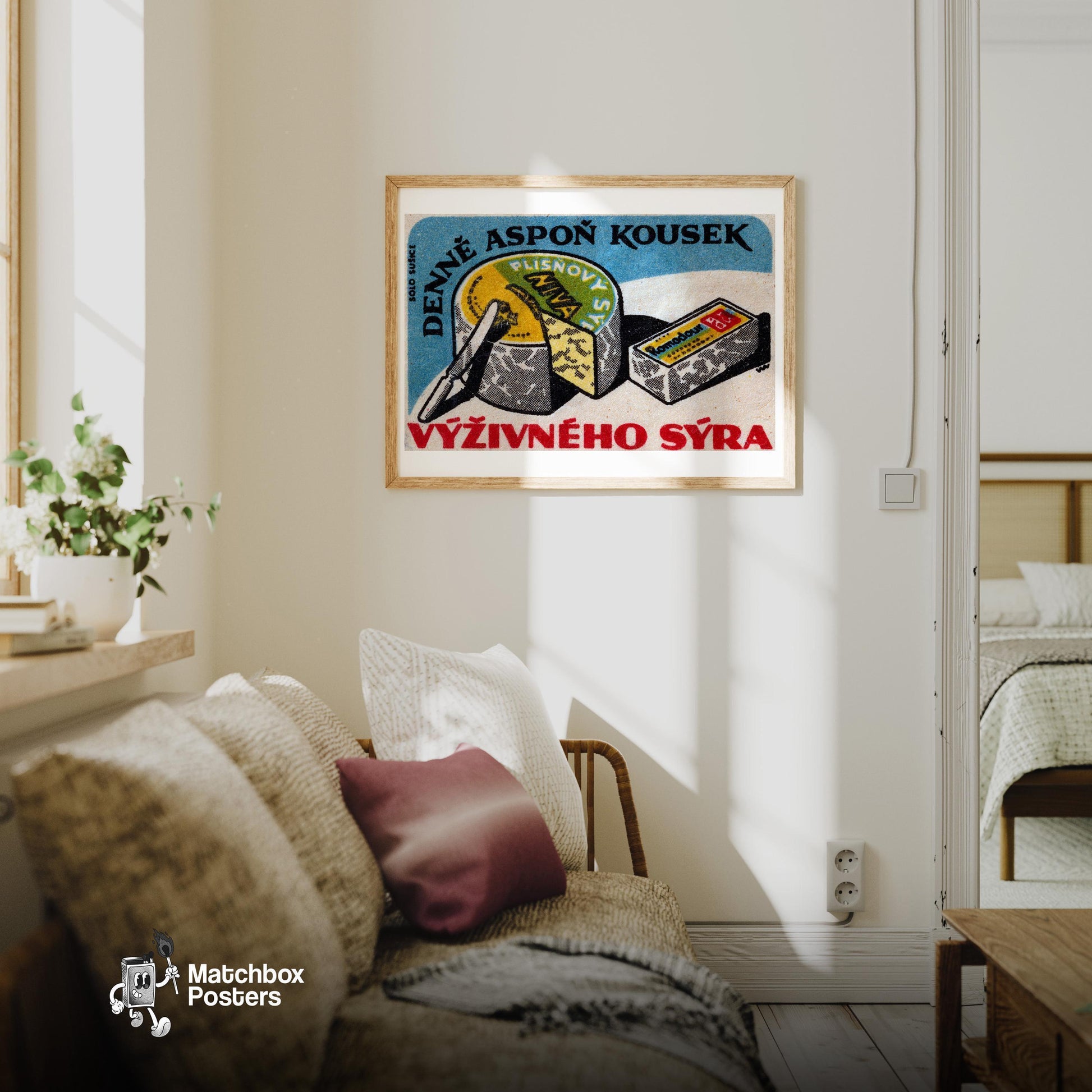 Cheese with Knife - vintage matchbox label print - living room mockup