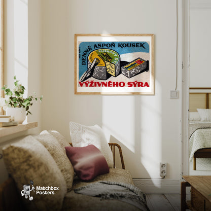 Cheese with Knife - vintage matchbox label print - living room mockup