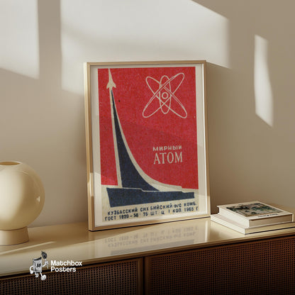 Rocket and Atomic Symbol - vintage matchbox label print - size comparison