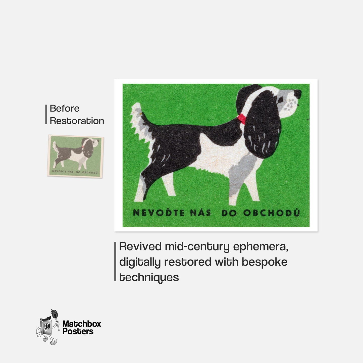 Black and White Dog - vintage matchbox label print - framed wall art preview