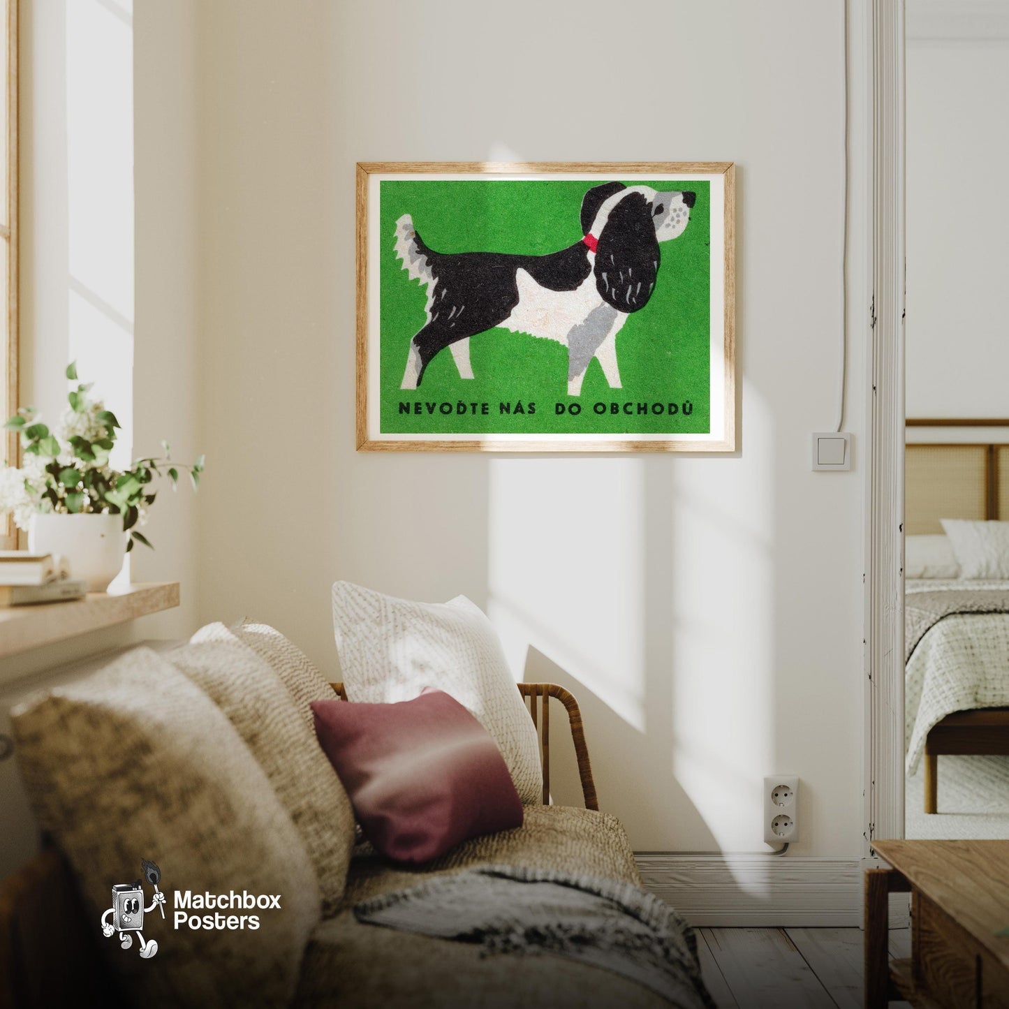 Black and White Dog - vintage matchbox label print - living room mockup