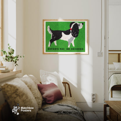 Black and White Dog - vintage matchbox label print - living room mockup