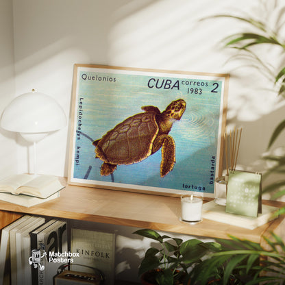 Sea Turtle - vintage matchbox label print - office wall