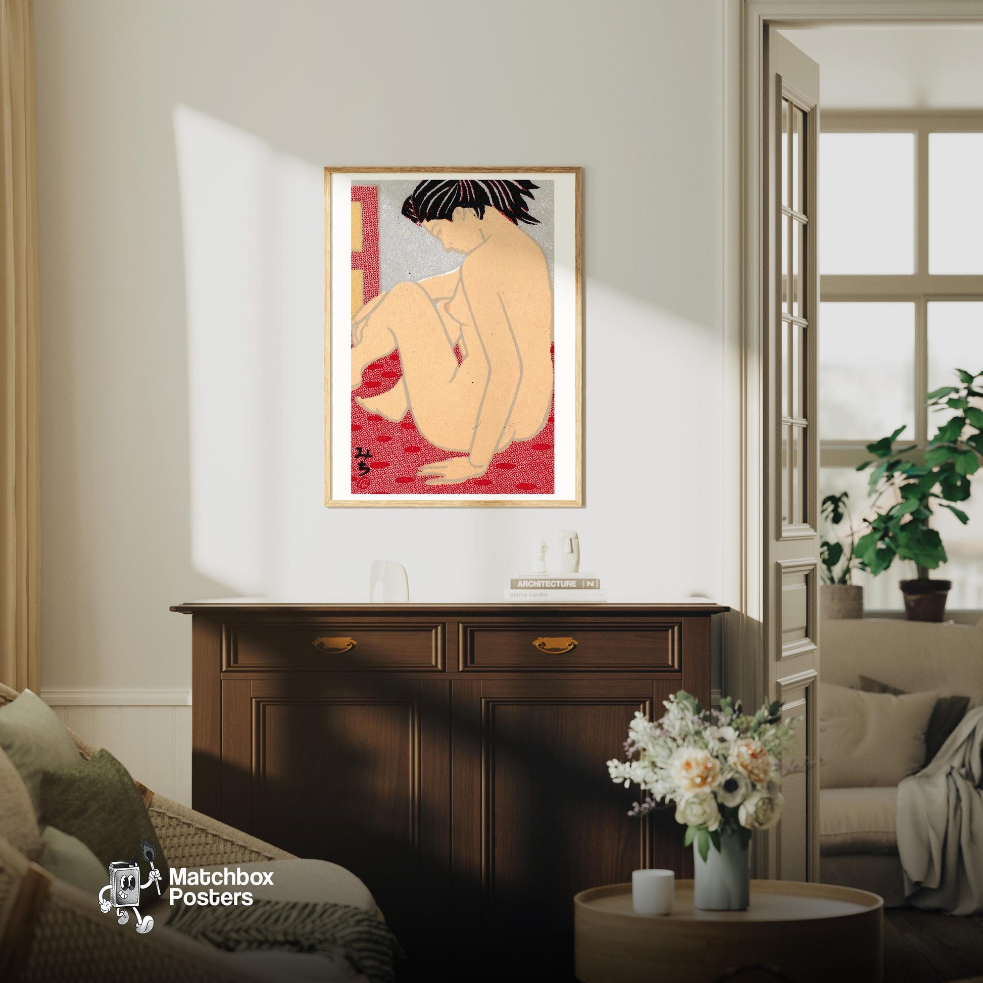 Seated Woman - vintage matchbox label print - living room mockup