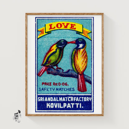 Two Lovebirds - vintage matchbox label print