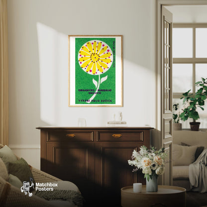 Yellow Flower - vintage matchbox label print - living room mockup