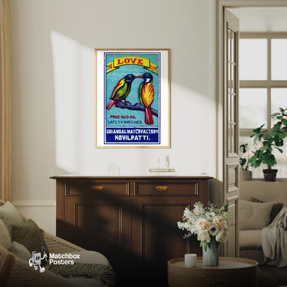 Two Lovebirds - vintage matchbox label print - living room mockup