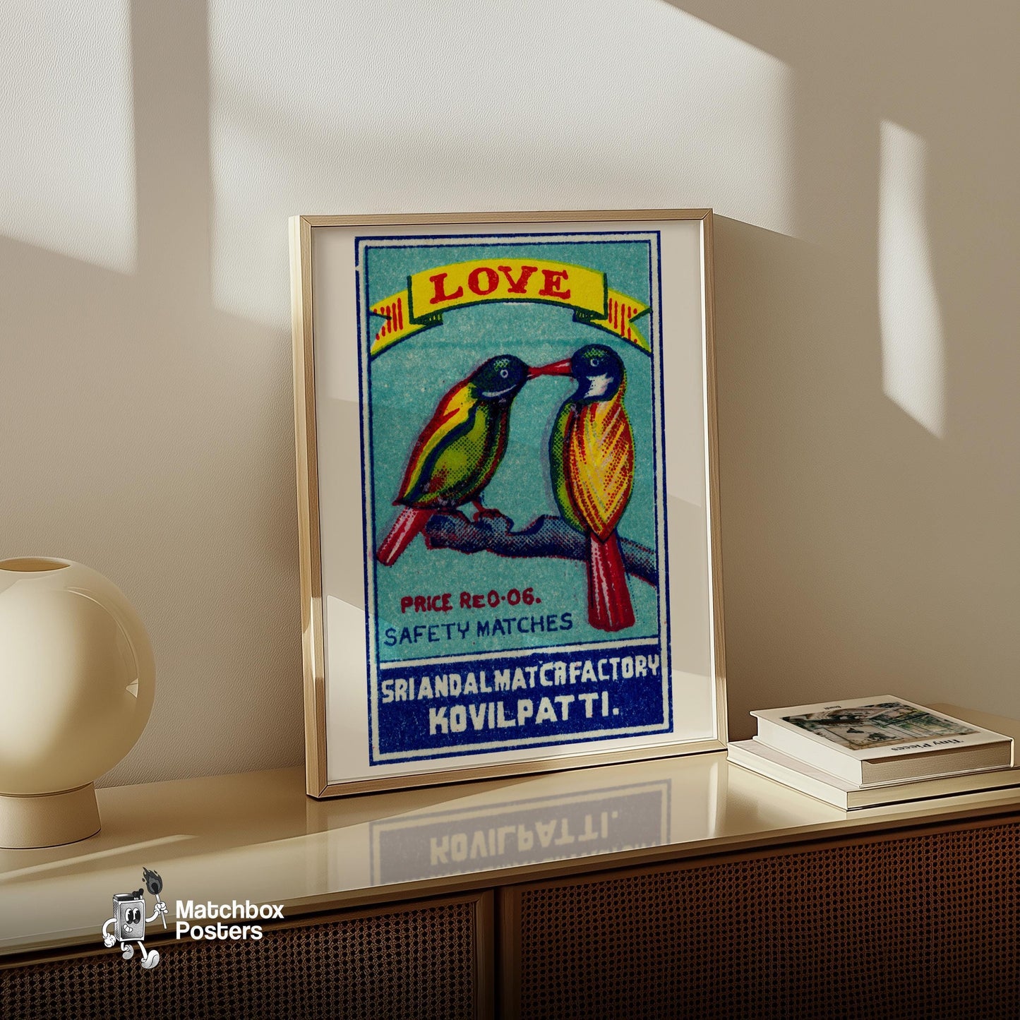 Two Lovebirds - vintage matchbox label print - size comparison