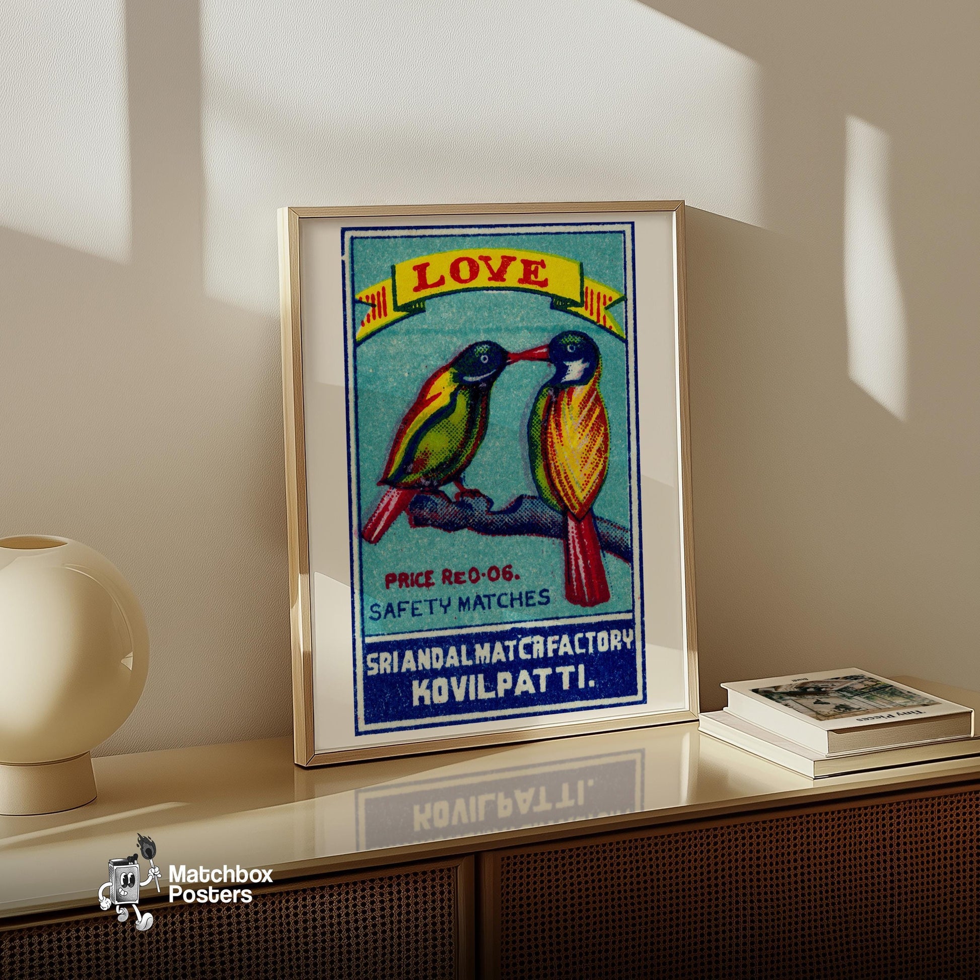 Two Lovebirds - vintage matchbox label print - size comparison