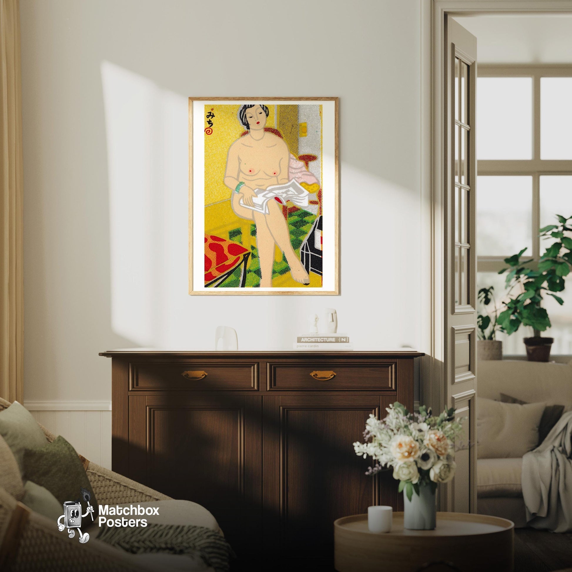 Nude Woman - vintage matchbox label print - living room mockup