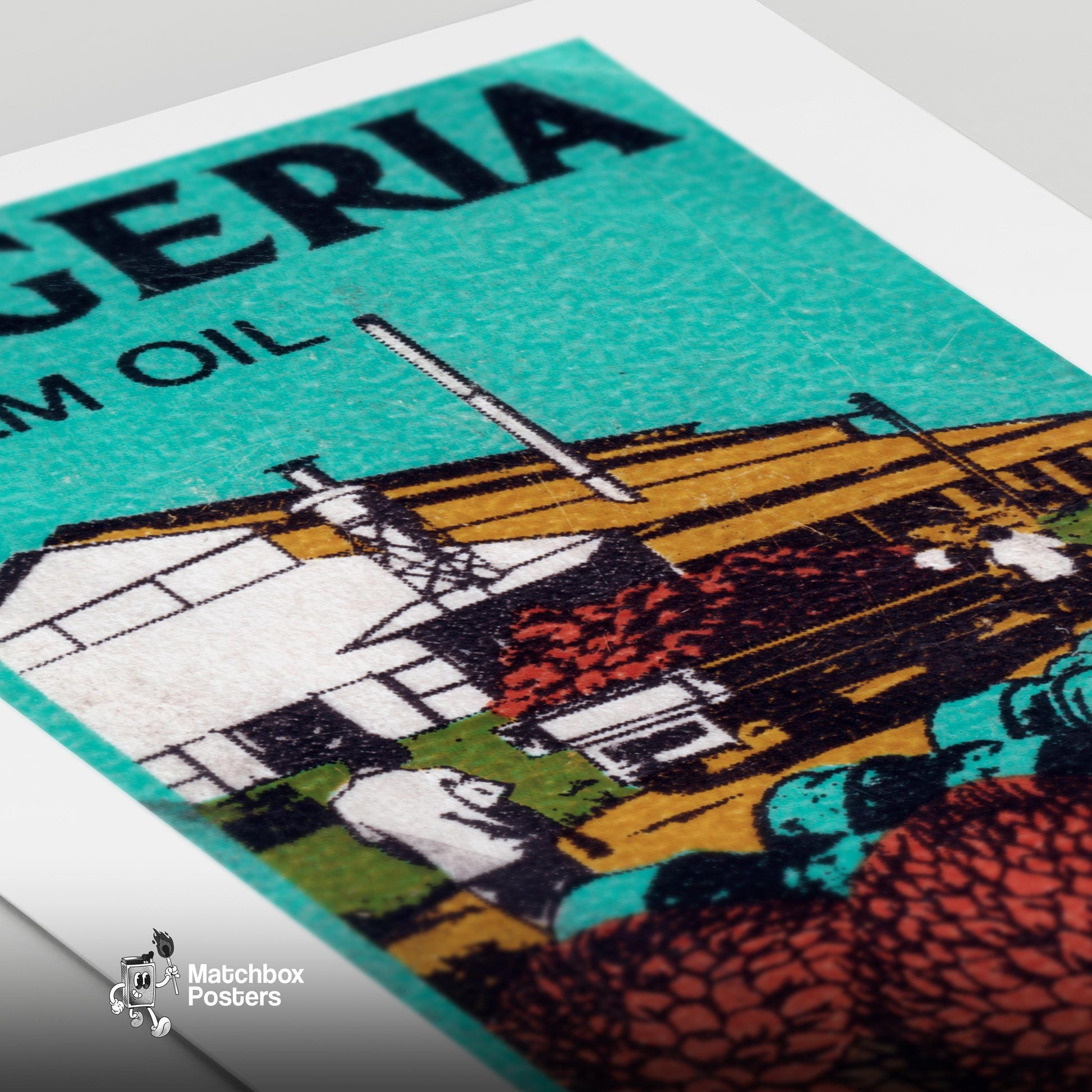 Vintage Nigerian Palm Oil Stamp Print, Factory Graphic - vintage matchbox label print - close-up detail