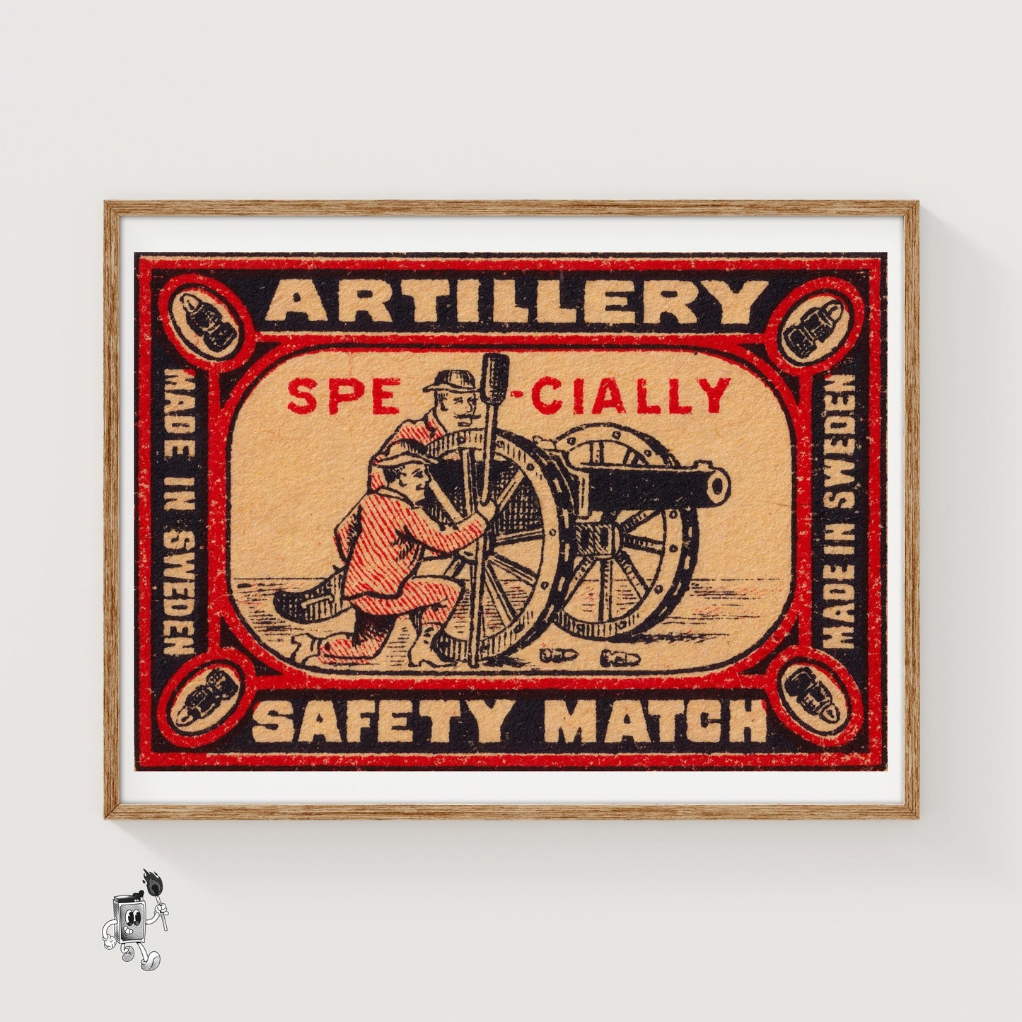 Two Soldiers Operating A Cannon - vintage matchbox label print