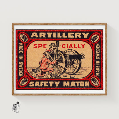 Two Soldiers Operating A Cannon - vintage matchbox label print