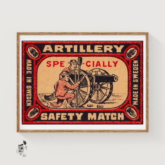 Two Soldiers Operating A Cannon - vintage matchbox label print