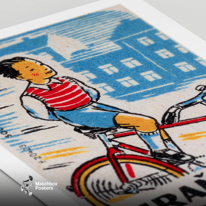 Boy Cycling - vintage matchbox label print - close-up detail