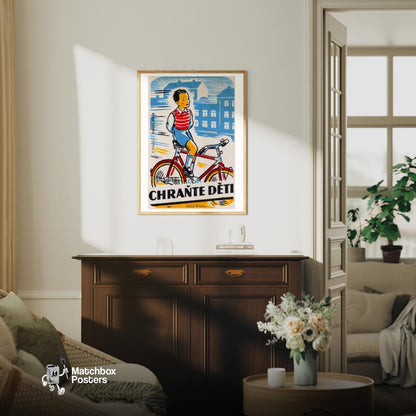 Boy Cycling - vintage matchbox label print - living room mockup