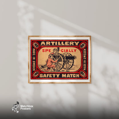 Two Soldiers Operating A Cannon - vintage matchbox label print - bedroom mockup