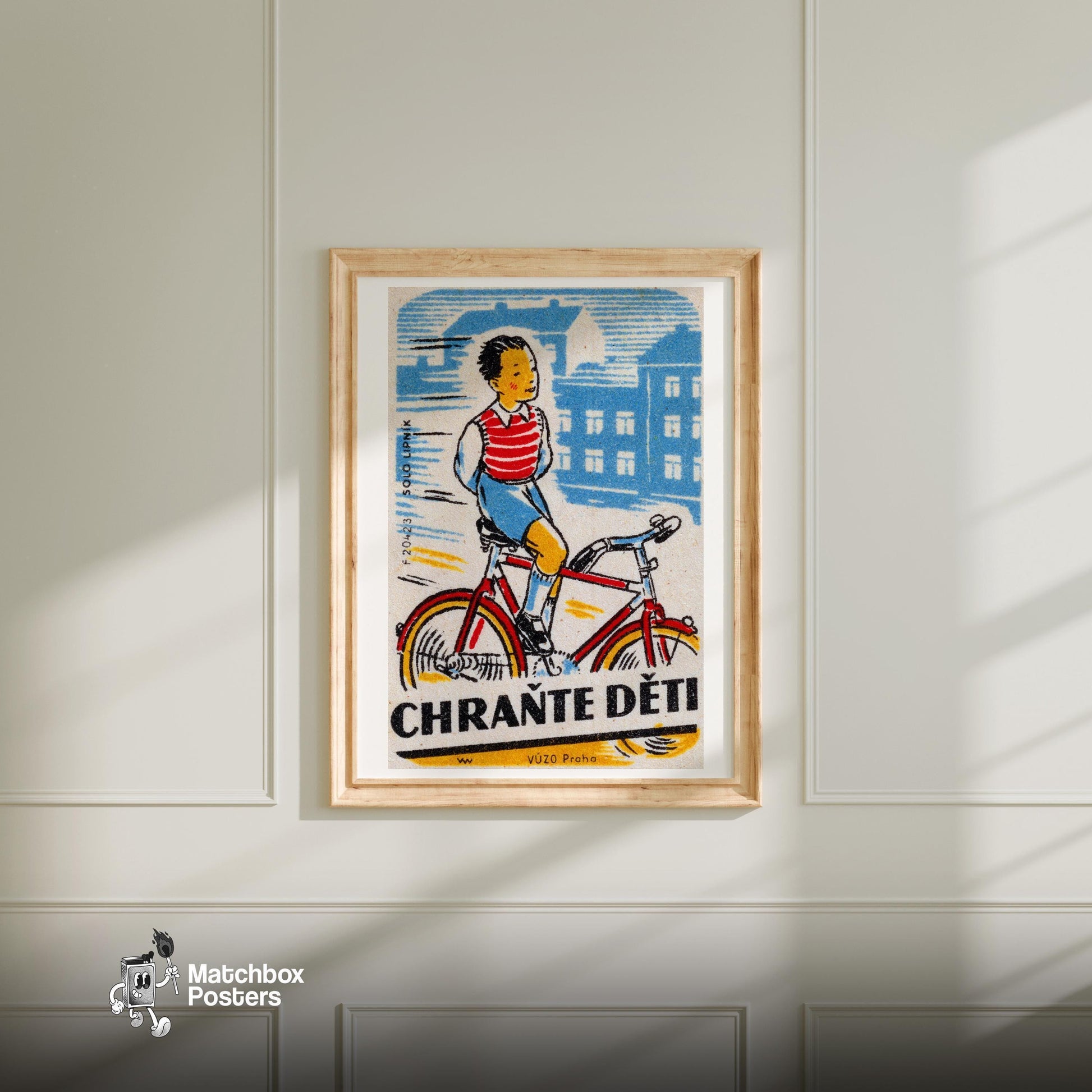 Boy Cycling - vintage matchbox label print - bedroom mockup