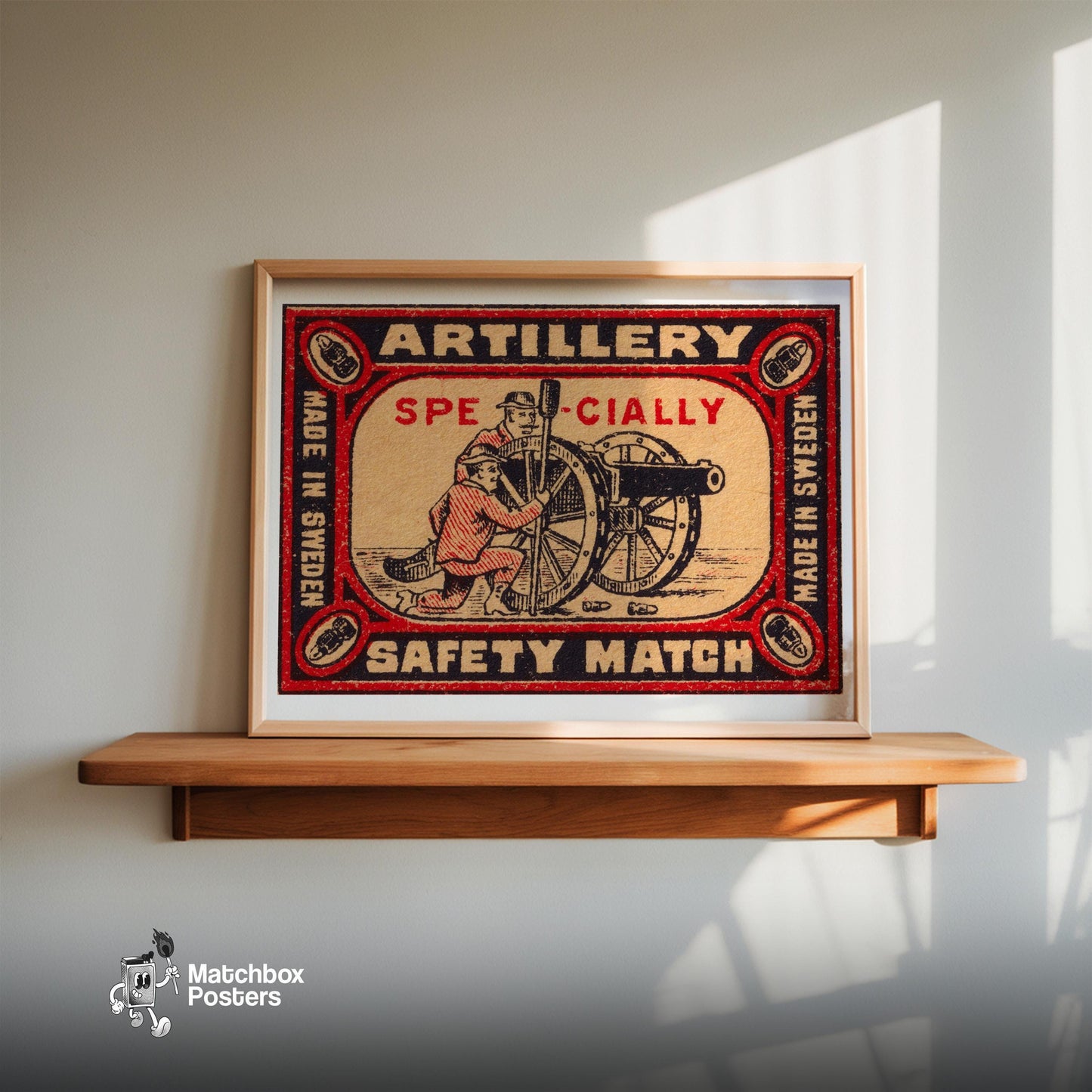 Two Soldiers Operating A Cannon - vintage matchbox label print - size comparison