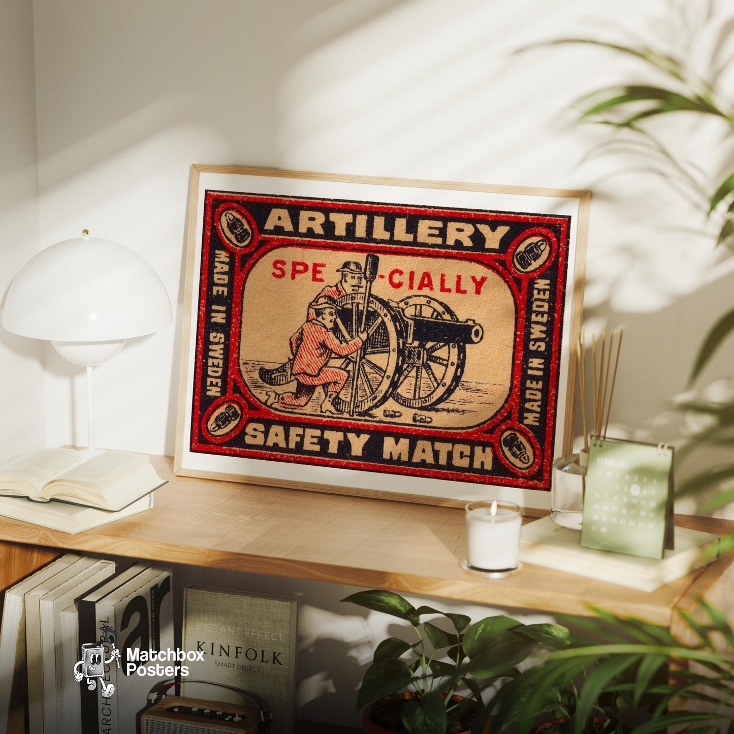 Two Soldiers Operating A Cannon - vintage matchbox label print - office wall