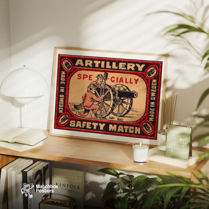 Two Soldiers Operating A Cannon - vintage matchbox label print - office wall