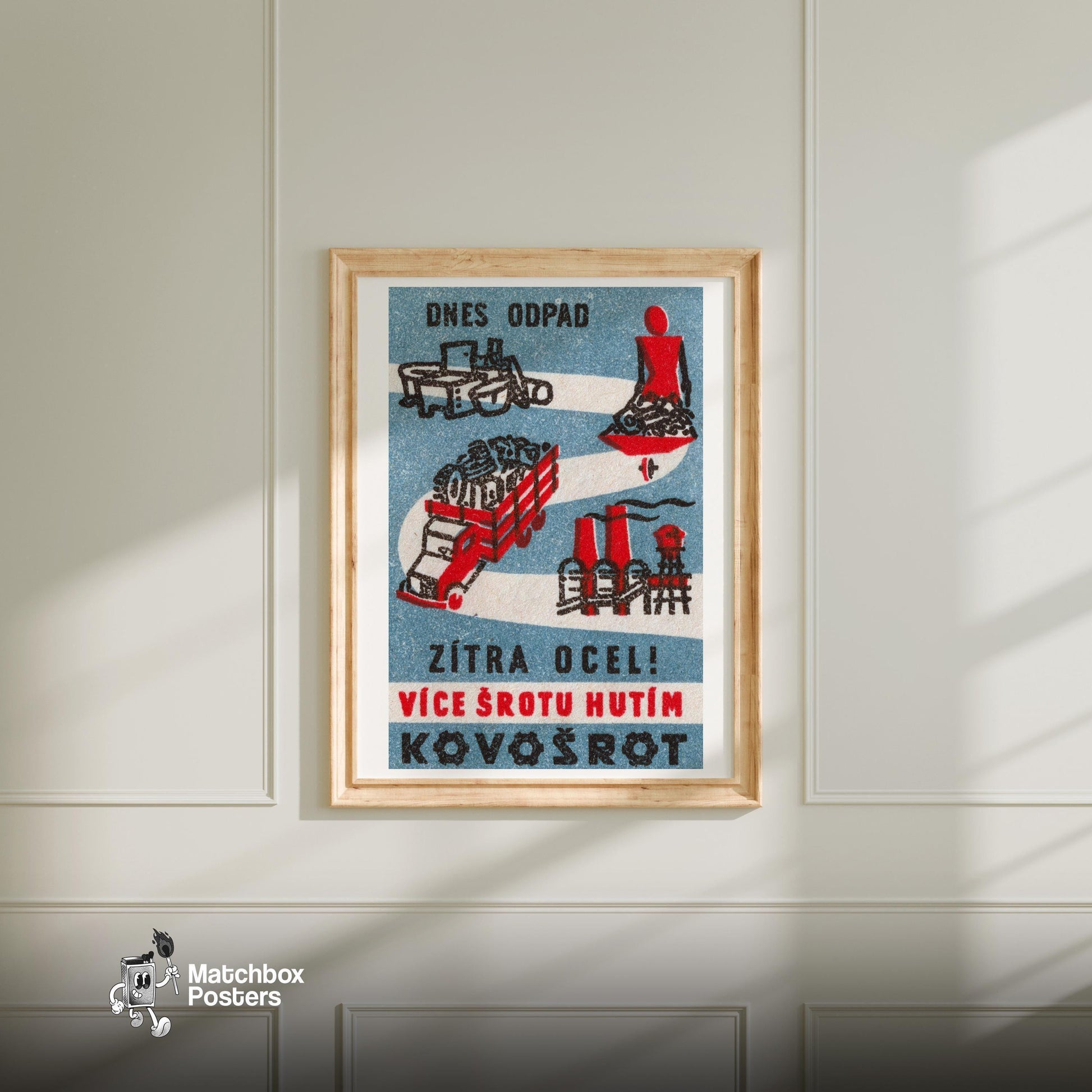 Garbage Today, Tomorrow Steel! - vintage matchbox label print - bedroom mockup