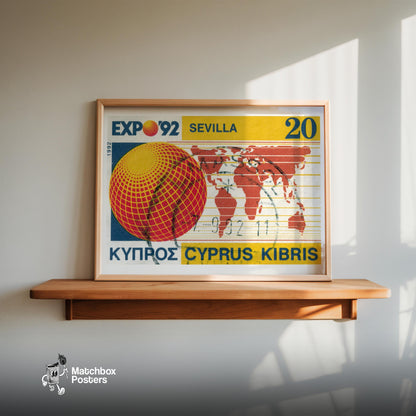 Expo '92 Sevilla Cyprus 1980s - vintage matchbox label print - size comparison