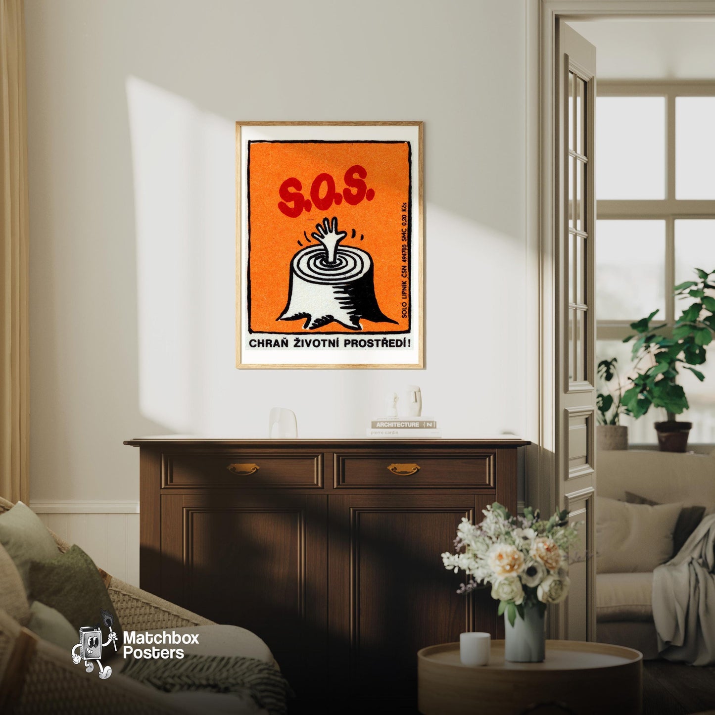 Hand from Tree Stump - vintage matchbox label print - living room mockup