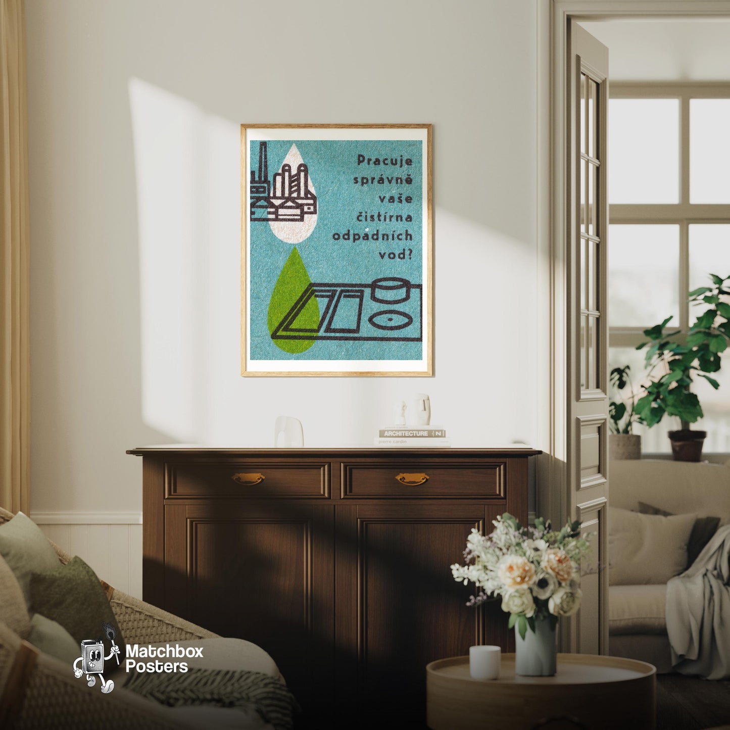 Water Treatment Plant - vintage matchbox label print - living room mockup