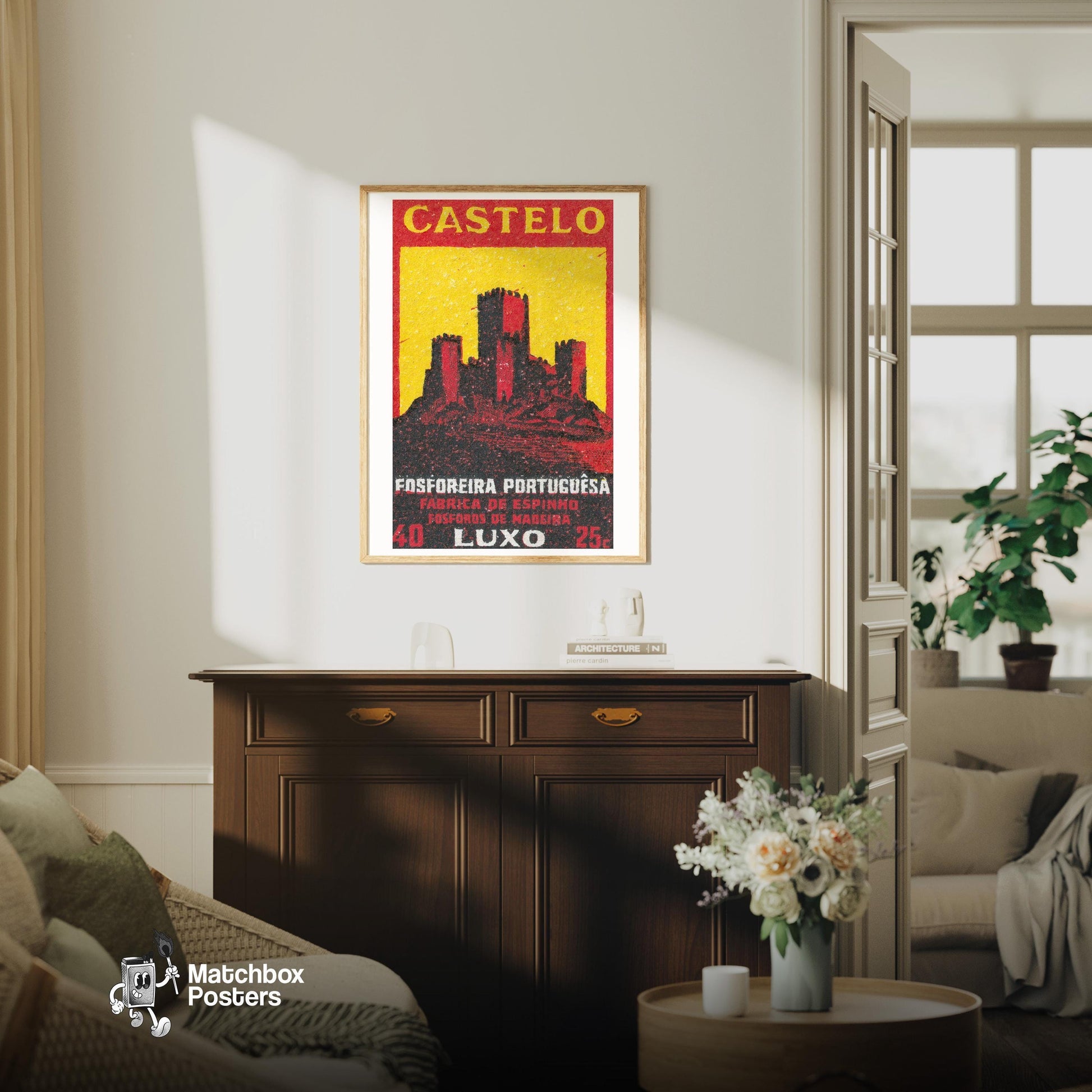 Castle - vintage matchbox label print - living room mockup
