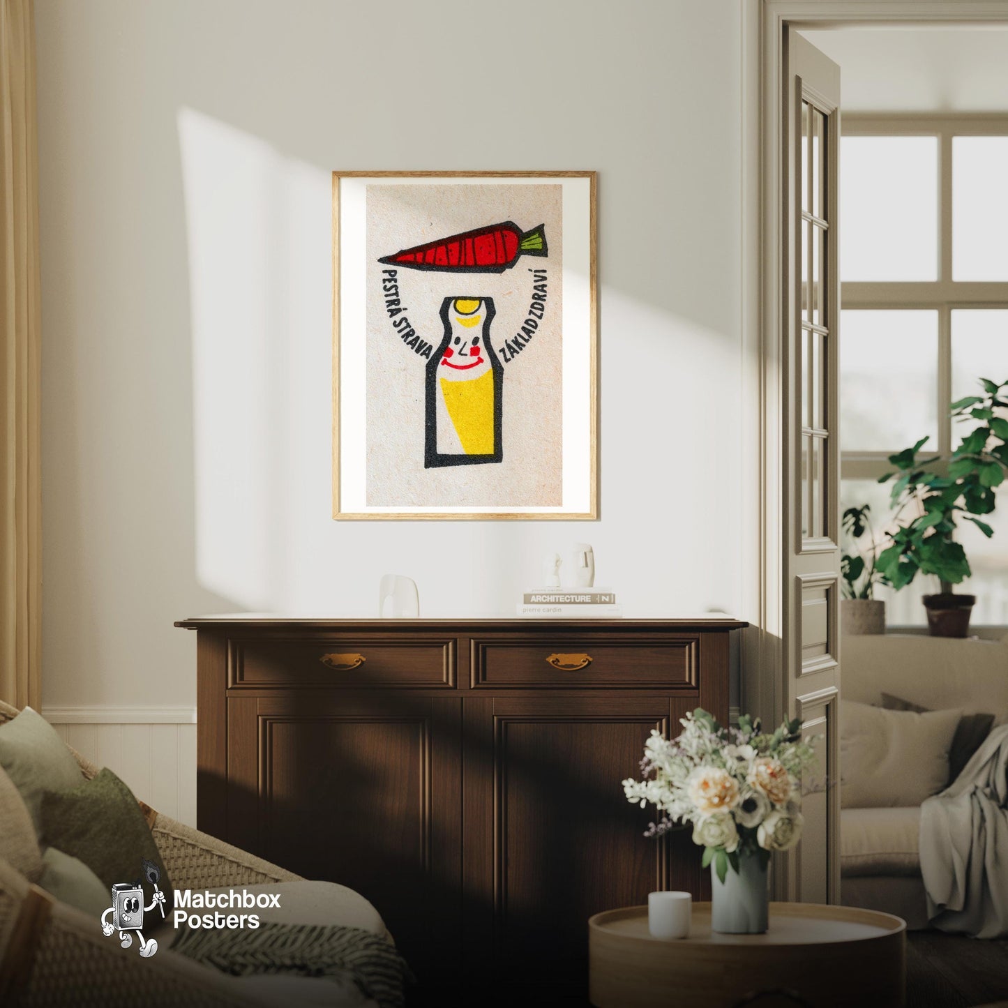 Carrot and Bottle - vintage matchbox label print - living room mockup