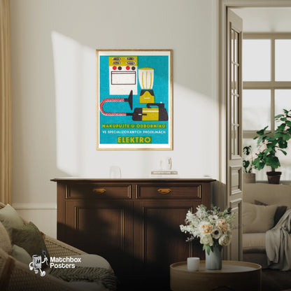Electric Appliances - vintage matchbox label print - living room mockup