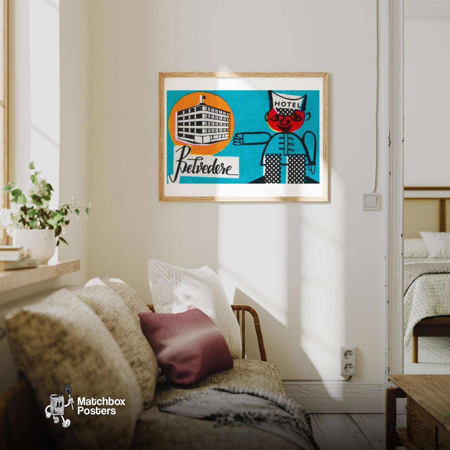 Hotel Belvedere - vintage matchbox label print - living room mockup