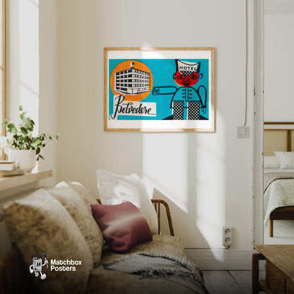 Hotel Belvedere - vintage matchbox label print - living room mockup