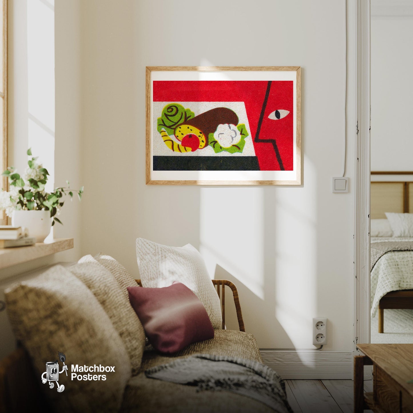 Food and Face - vintage matchbox label print - living room mockup