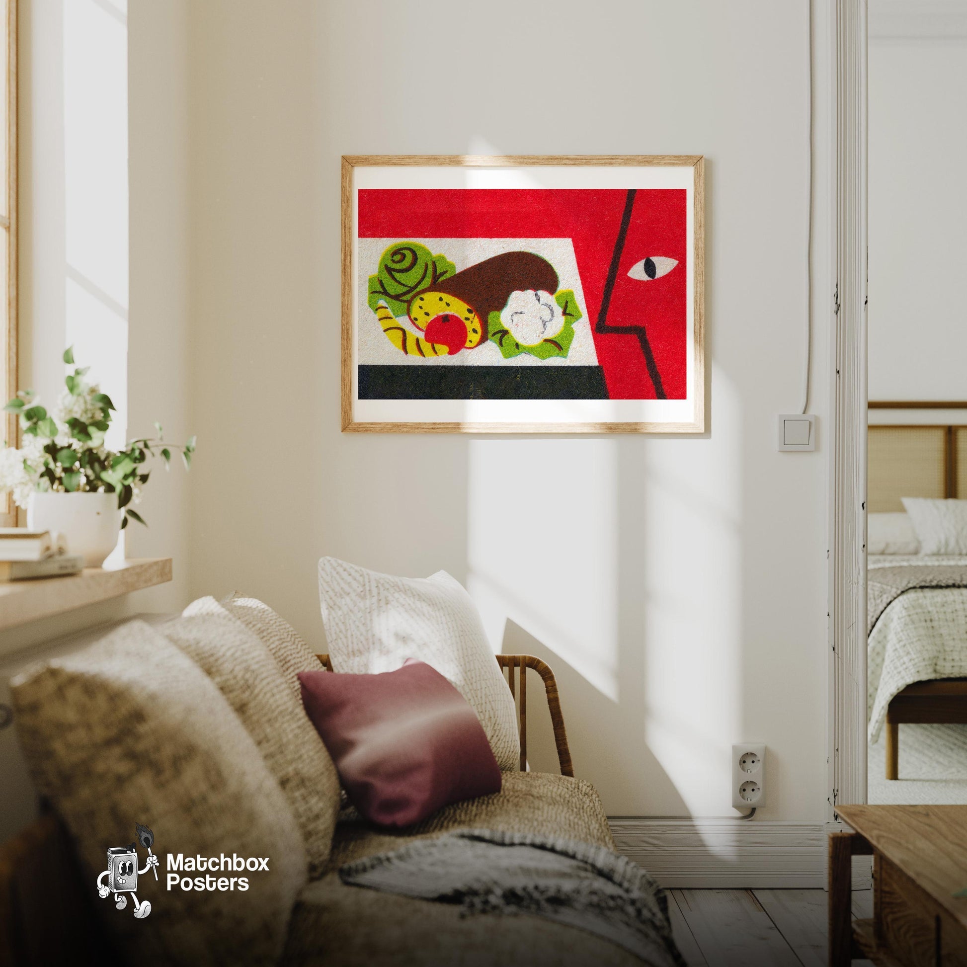Food and Face - vintage matchbox label print - living room mockup