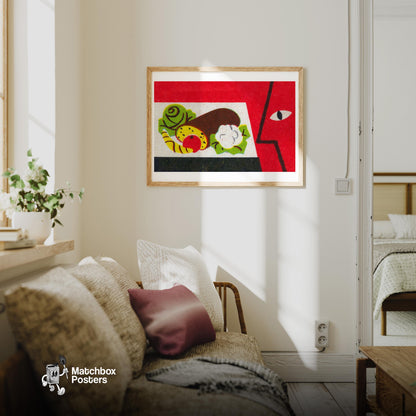 Food and Face - vintage matchbox label print - living room mockup