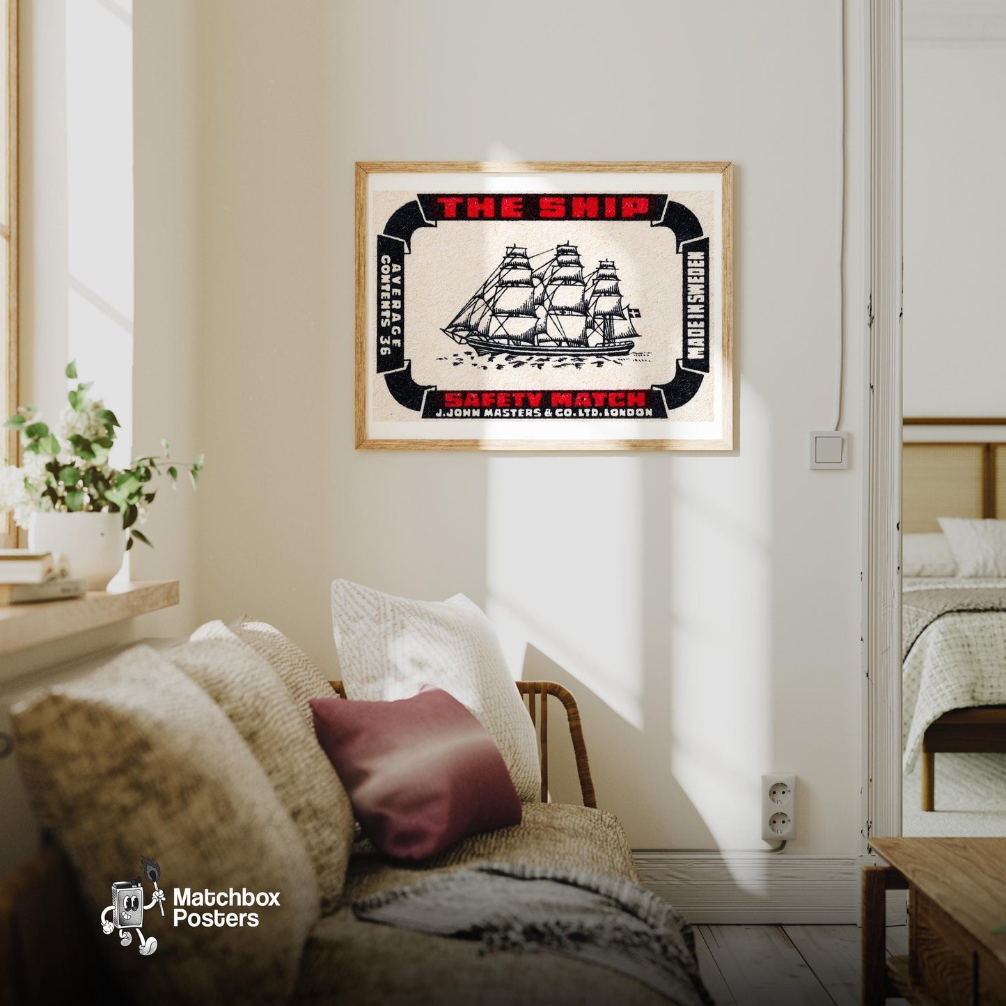 Sailing Ship - vintage matchbox label print - living room mockup