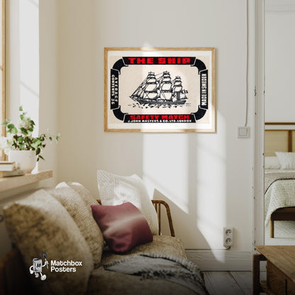 Sailing Ship - vintage matchbox label print - living room mockup
